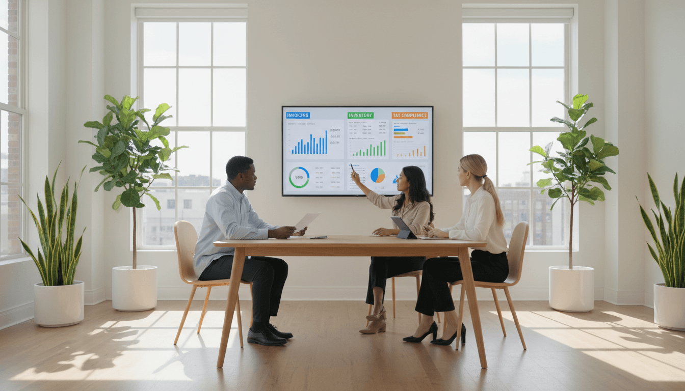 Business professionals implementing ERP and CRM systems in a modern office environment