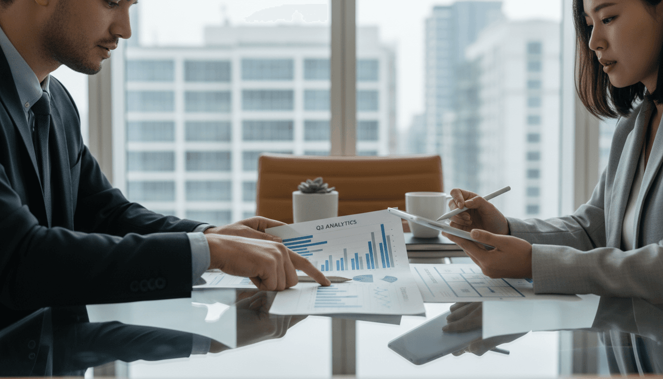 Business consultant discussing ERP and CRM solutions with client