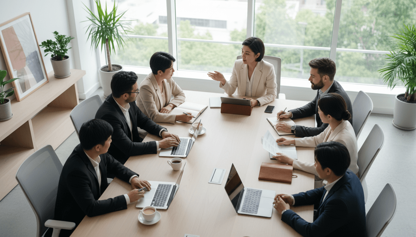 Professional team collaborating in modern office environment